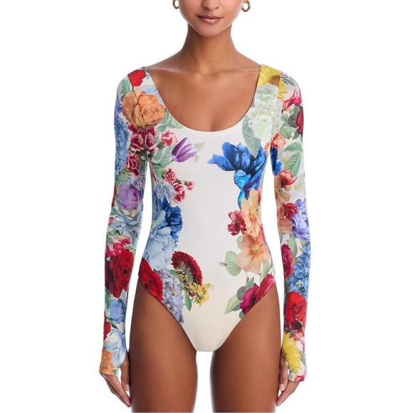 NEW Alice + Olivia Rhys Ballet Neck Bodysuit Floral Long Sleeve White Size S - Picture 2 of 4